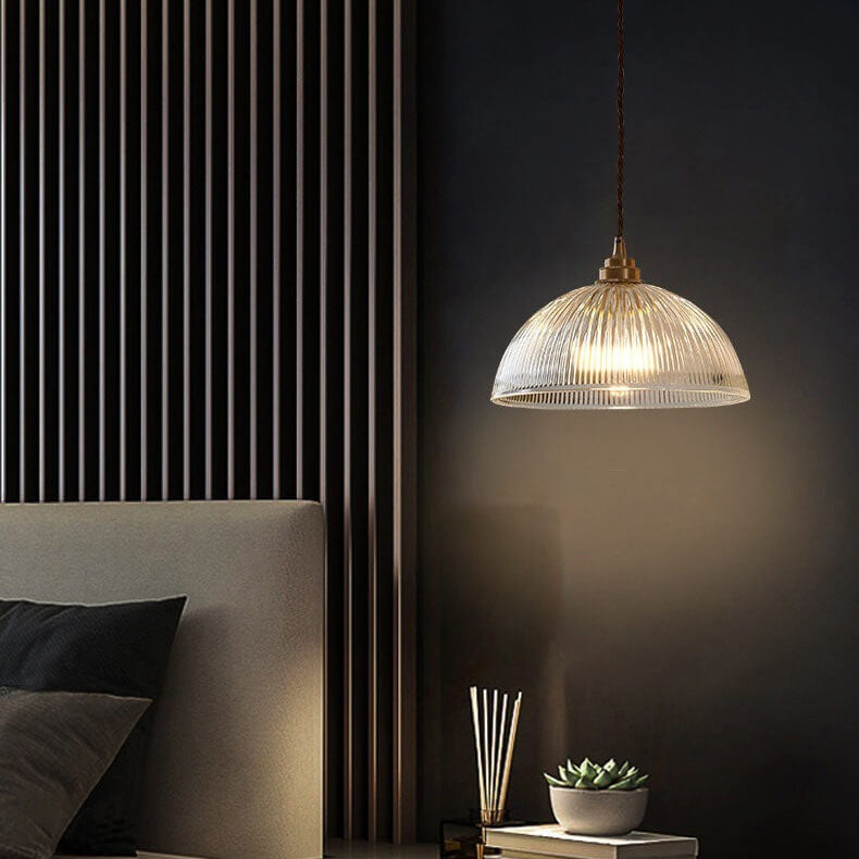 Luminaire suspendu moderne à dôme en verre côtelé transparent à une lumière