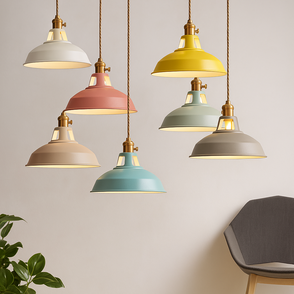 Luminaire suspendu industriel en métal coloré avec LED, dôme métallique