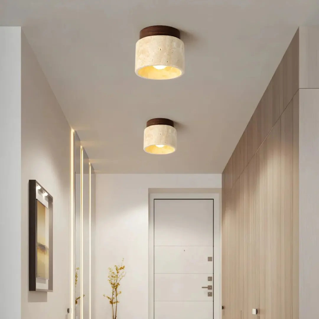 Plafonnier élégant en travertin et bois au design japonais pour éclairage d'ambiance chaleureux