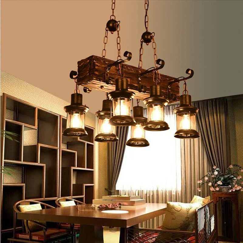 lustre vintage LED en madera maciza para loft decorativo