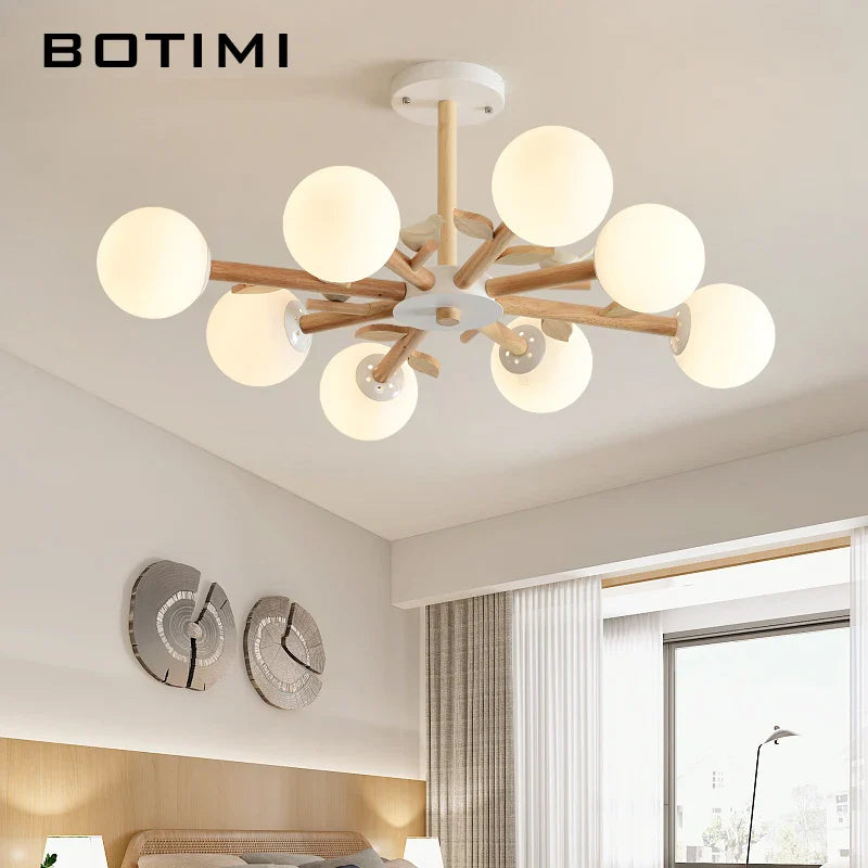lámpara botimi de madera natural con pantalla redonda de vidrio