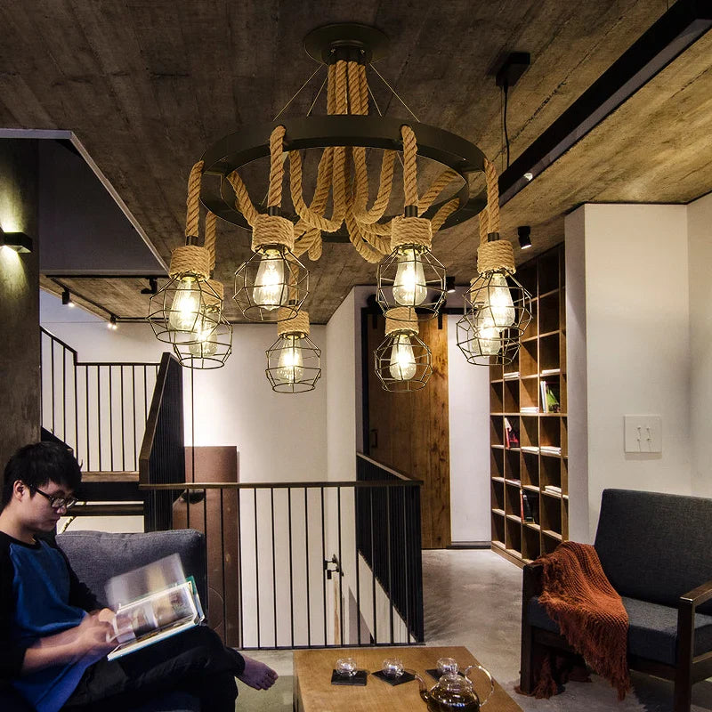 lámpara de techo estilo industrial de herrería y cuerda de cáñamo