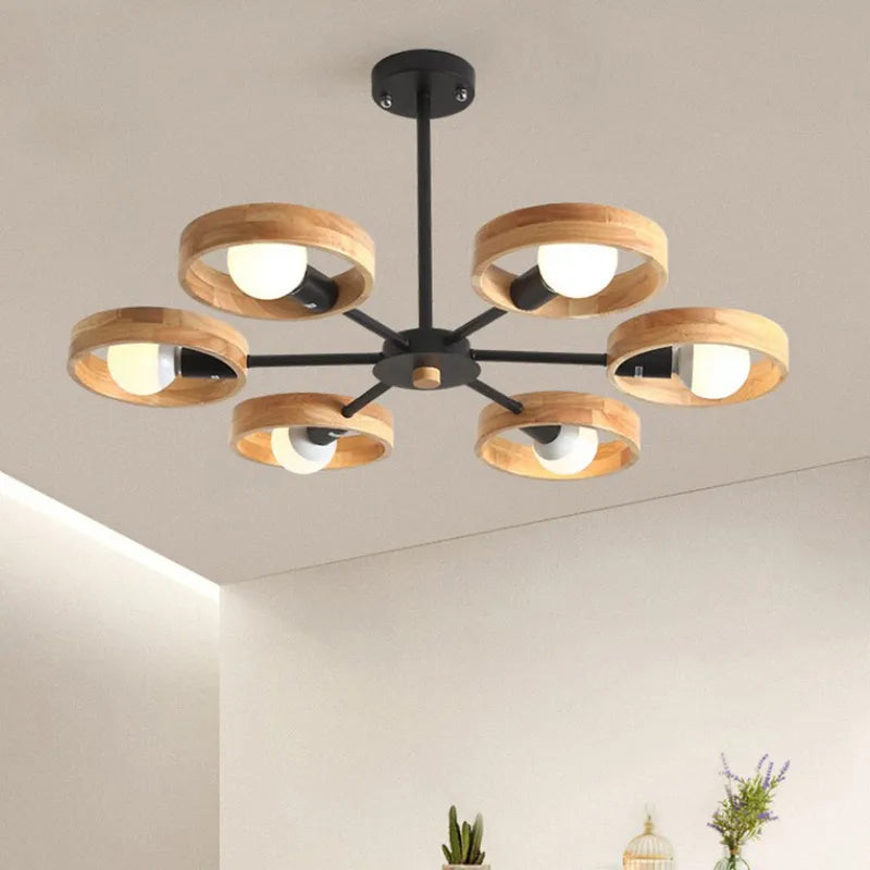 Lámpara de candelabro de madera nórdica para sala habitación comedor decoración pantalla de madera redonda negra E27 colgante