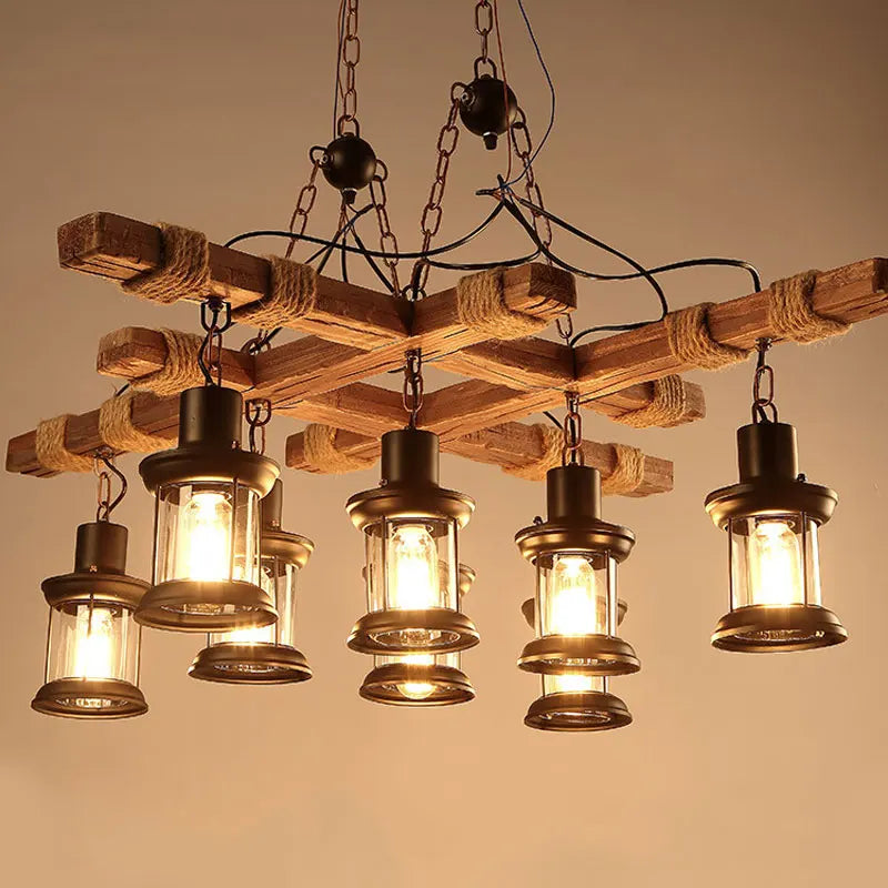 lustre industrial retro en madera y hierro con 8 lámparas