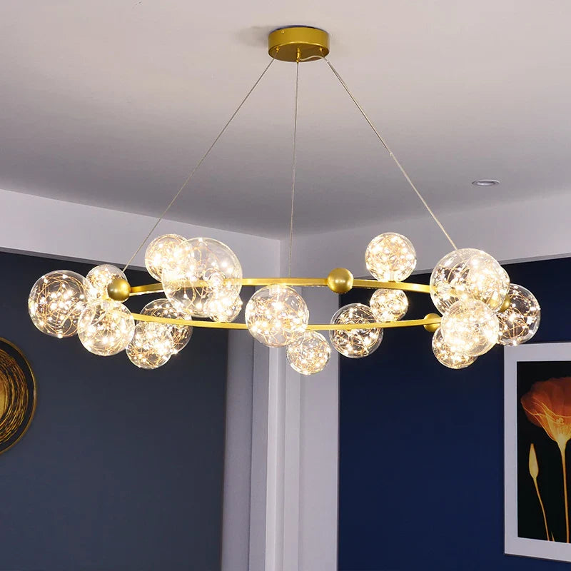 lámpara colgante moderna de lujo con anillos led y bola de vidrio