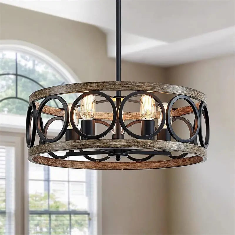 Lámpara colgante circular industrial americano granja retro de hierro art grano de madera para restaurante, casa, habitación, plafón decorativo para el hogar