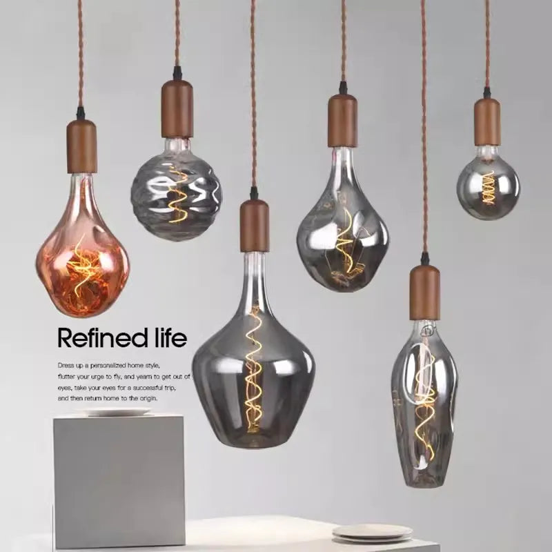 Lámpara de techo retro de vidrio y madera
