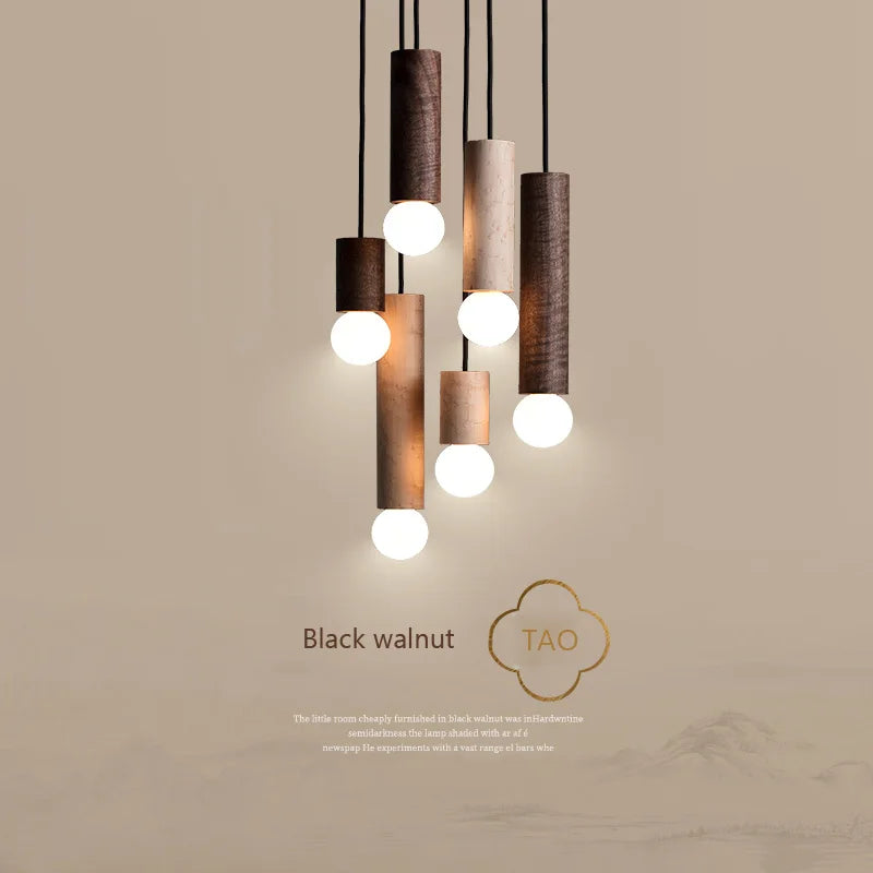 Lámpara colgante nórdica nogal negro luz comedor japonés 	 candelabro chino barra con cabeza única pequeñas lámparas colgantes