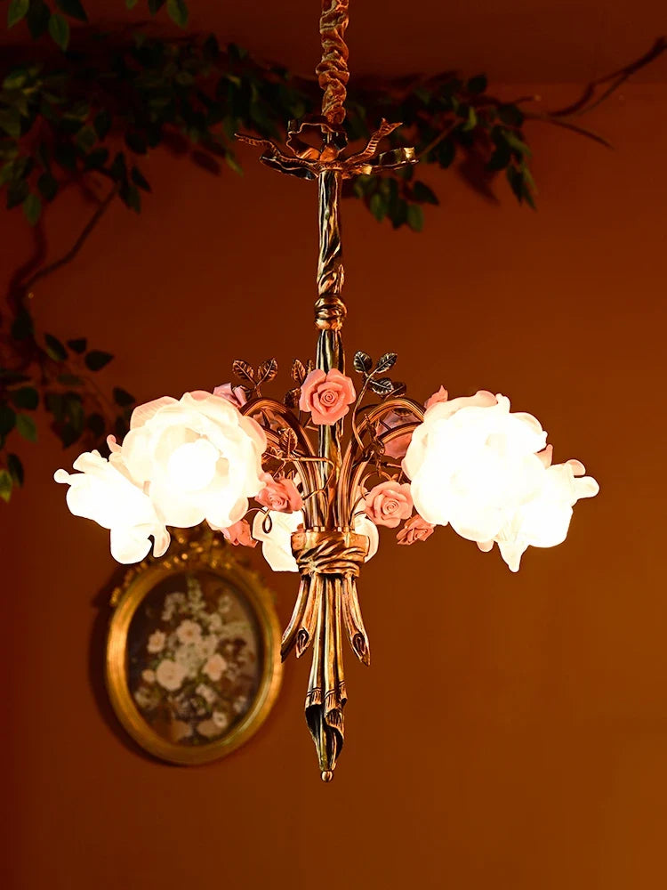 lámpara de cobre con vidrio rosa estilo clásico europeo con led