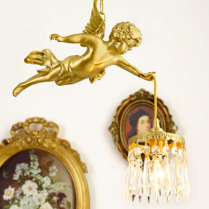 lámpara de techo moderna LED con ángel de cristal medieval bronce