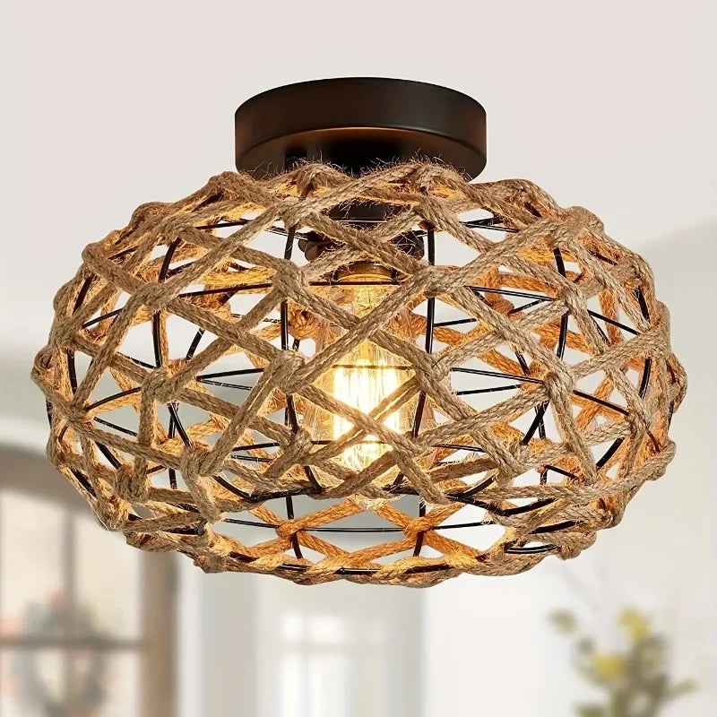 Plafón semiempotrado de ratán tejido - Diseño de metal tejido tipo cesta para cocina, salón, dormitorio, café, bar, decoración rústica