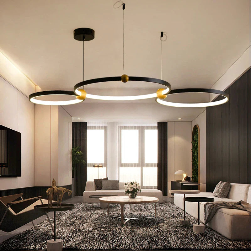lámpara colgante multi-anillo en hierro negro sandyha led diseño de lujo