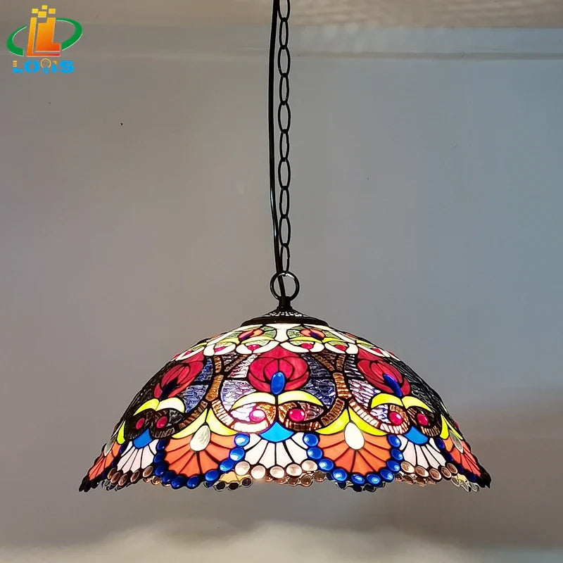 lámpara colgante retro europea de perlas de vidrio de colores hecha a mano