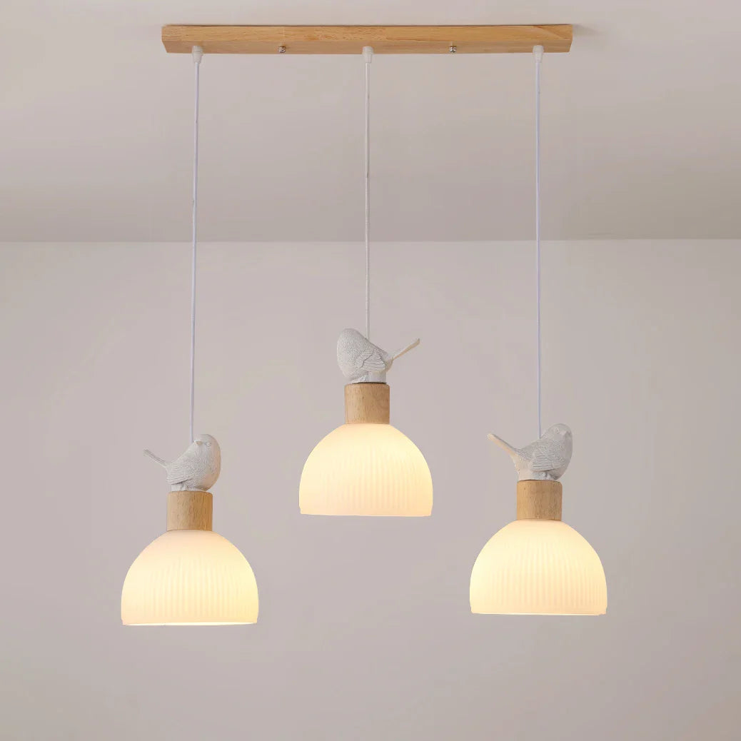lustre LED suspendido en madera con pantalla de vidrio blanco