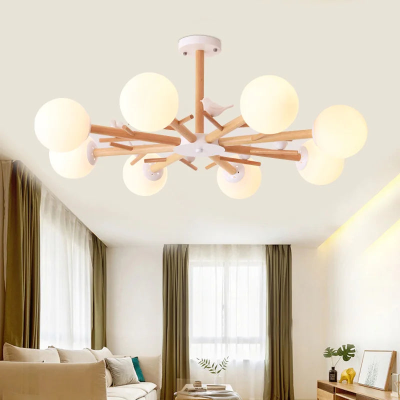 lámpara de madera natural con pantalla de vidrio moderna