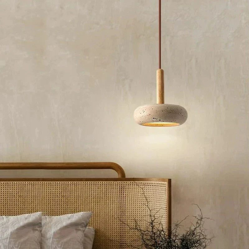 lámpara moderna de madera con suspensión led en piedra