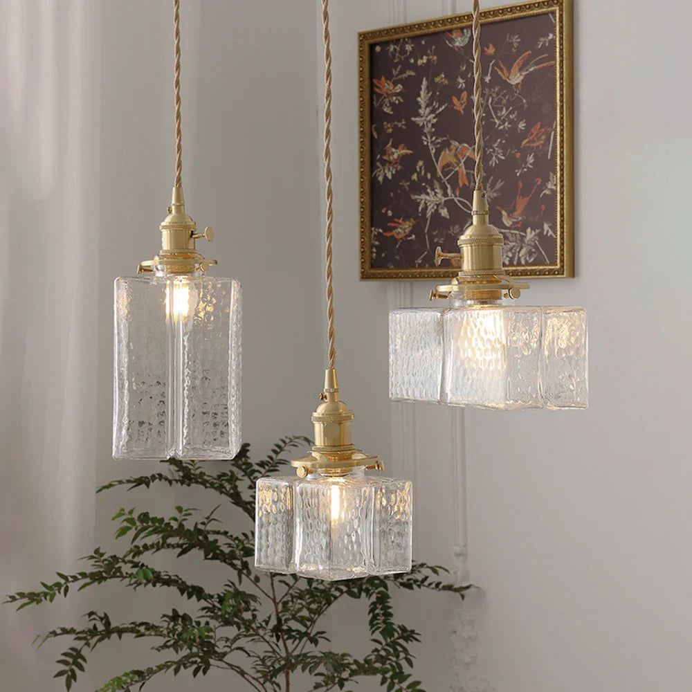 Lámpara colgante vintage cuadrada de vidrio lámpara LED con pantalla para comedor habitación iluminación creativa para mesita de noche