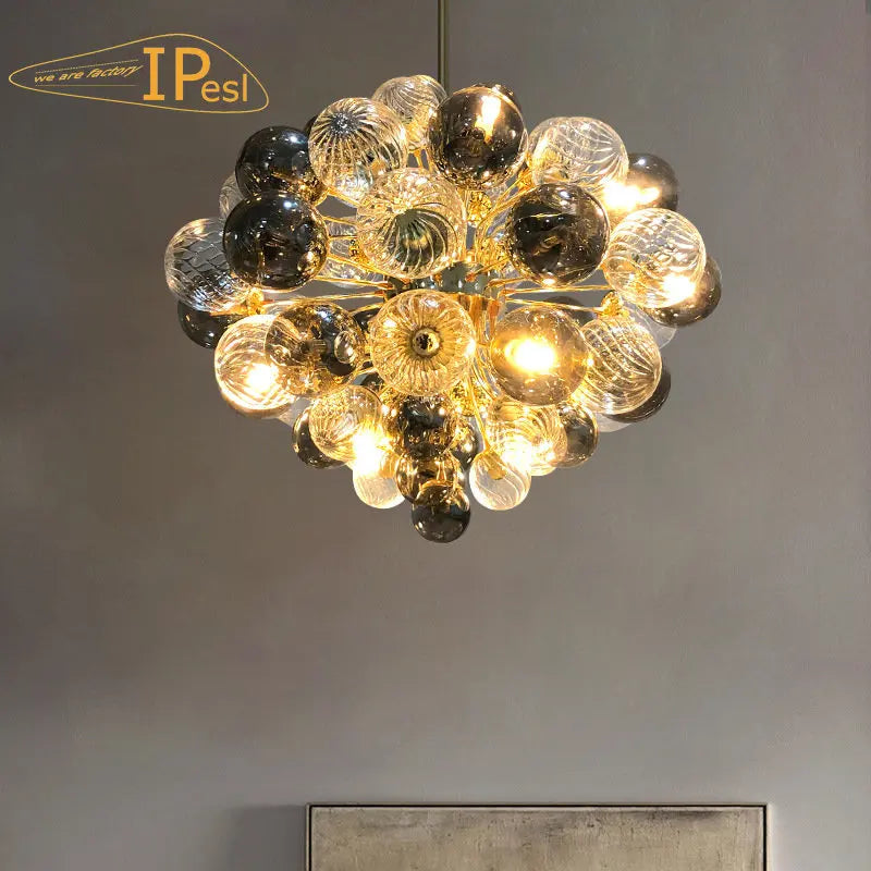 lustre moderno en vidrio con burbujas luz plateada dorada colgante lujoso