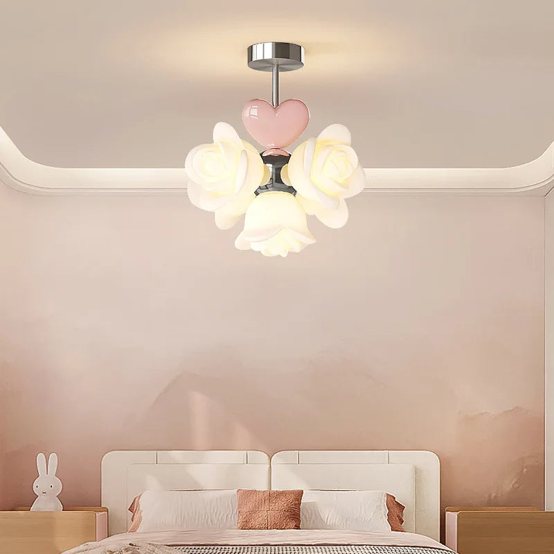 lustre con flores rosas LED para habitación infantil decoración romántica y cálida