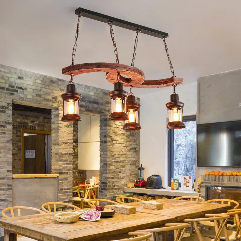 lustre industrial retro 4 cabezas en madera y hierro para café bar loft