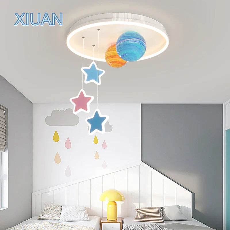 lámpara de techo creativa para jardín de infancia en vidrio coloreado planeta universo estrella