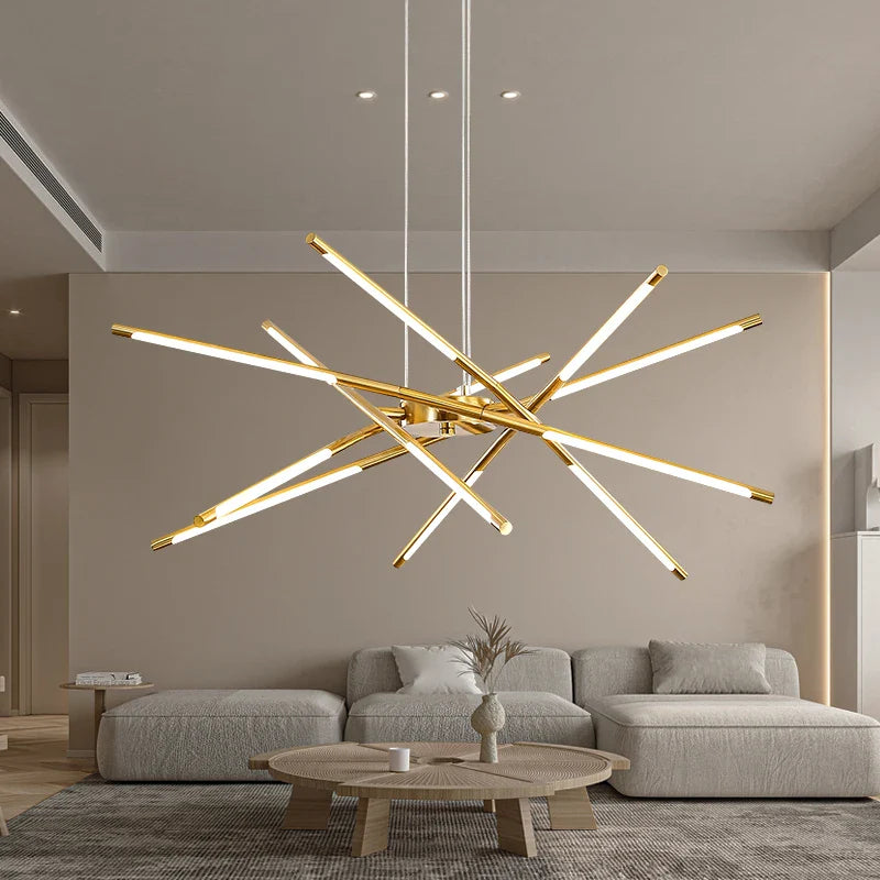lustre de geometría nórdica para restaurante con luminarias de intensidad variable