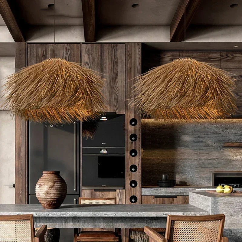 Lámpara de araña japonesa Wabi Sabi de ratán tejido a mano LED lámpara colgante restaurante bar lámpara colgante decoración retro para el hogar lámparas colgantes