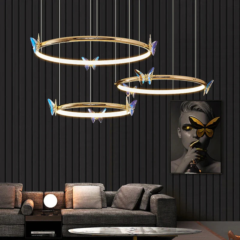 lámpara colgante led mariposa anillo dorado con cable ajustable embalaje cuidado
