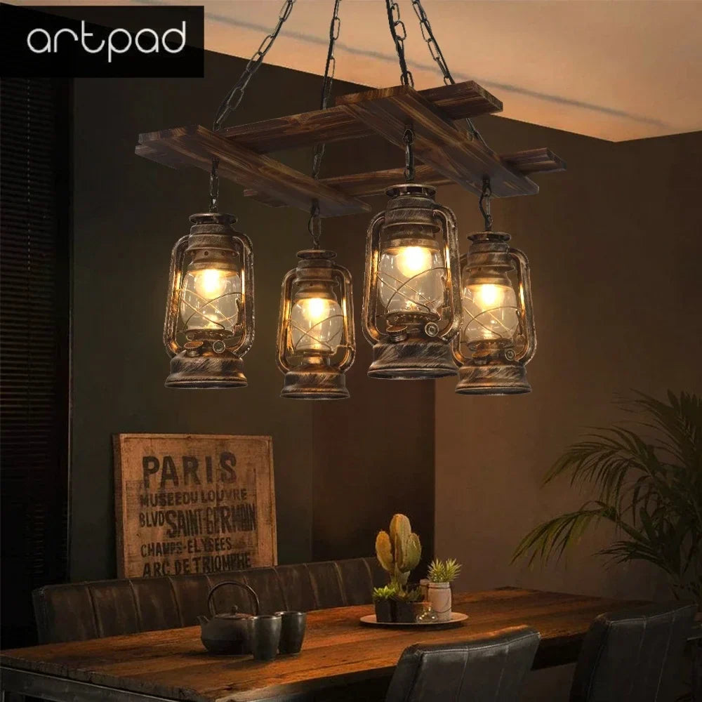 lámpara colgante retro en madera y vidrio para decoración elegante
