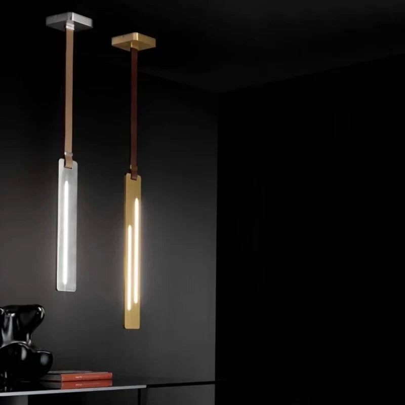 lustre LED en metal y cuero para bar y oficina