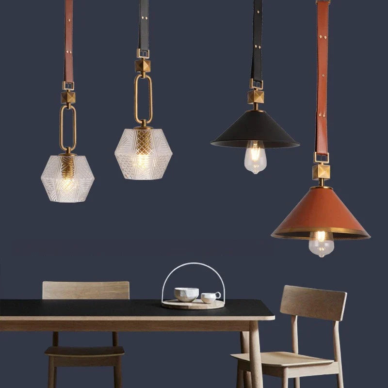 lámpara colgante moderna de cuero con suspensión luz y cristal de vidrio