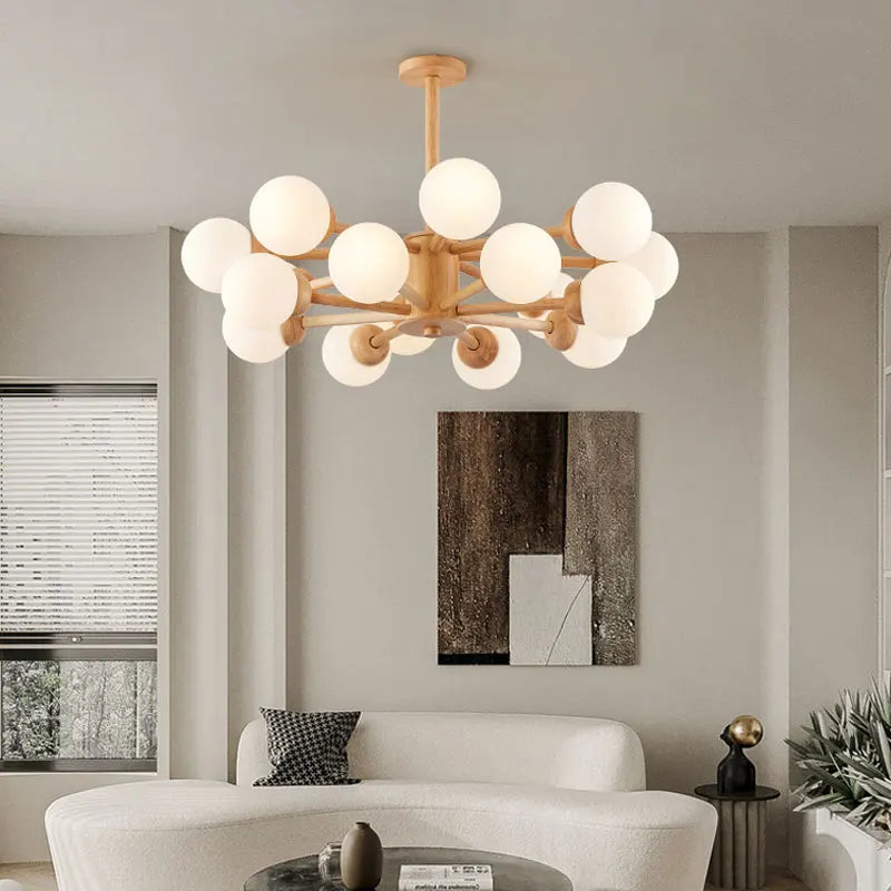 lámpara colgante de madera nórdica con bola de vidrio decorativa