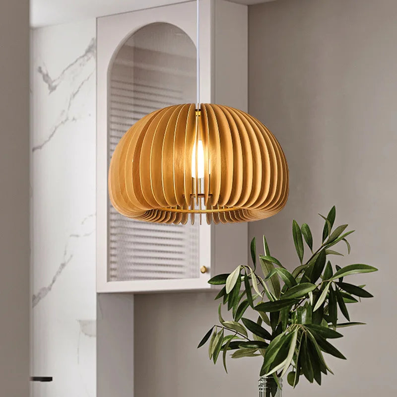 lámpara de techo colgante calabaza en madera natural nórdica iluminación
