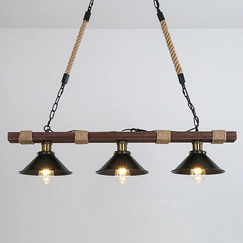 lustre vintage industrial en madera maciza con cuerda de cáñamo