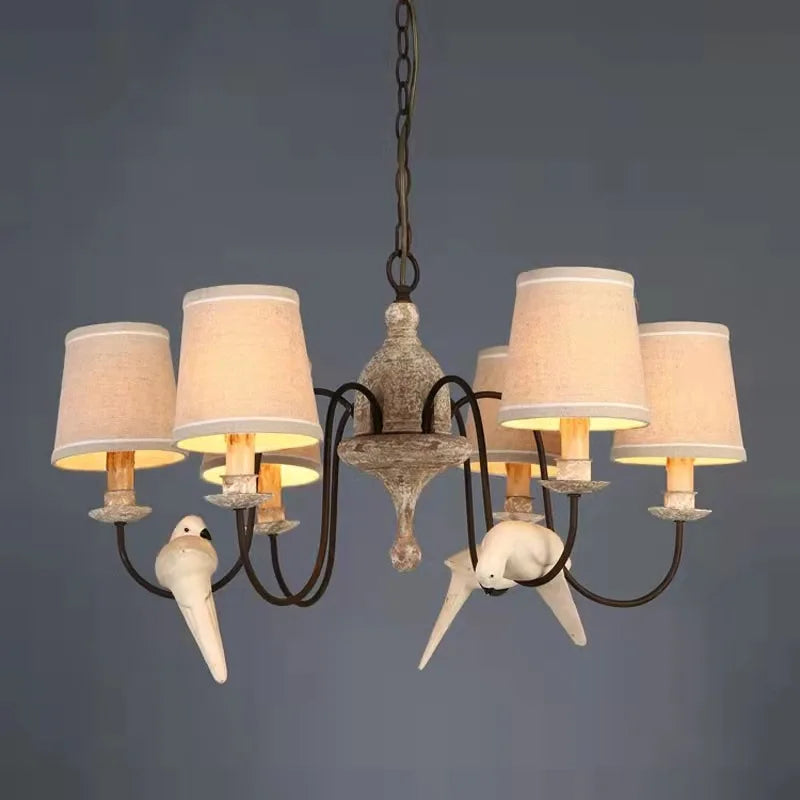 lustre vintage americano en madera con pájaros de tela