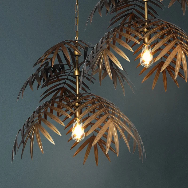 lámpara de araña boho en hojas de cocotero para decoración creativa interior