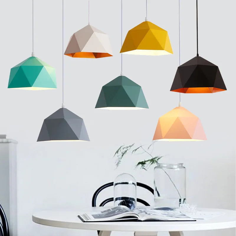 lámpara nórdica macarrón geométrica LED decorativa suspendida