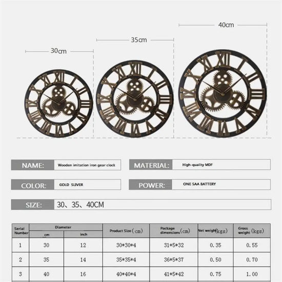 Horloge Murale Métal Vintage Chiffres Luminaire Doré