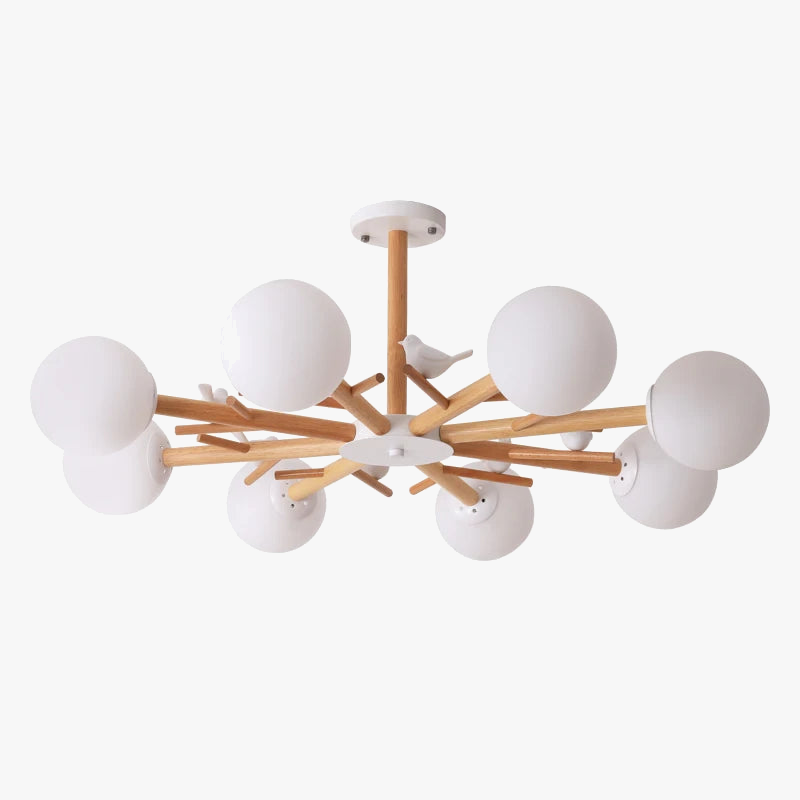 Lámpara colgante de madera natural con pantalla redonda de vidrio moderna