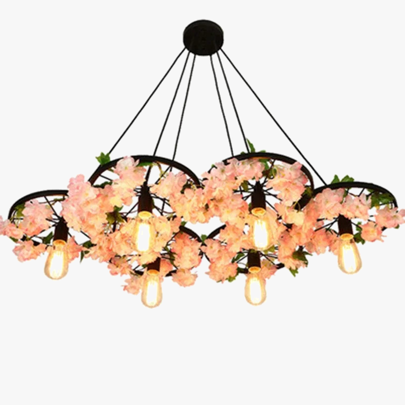lámpara de ruedas con flores de cerezo y múltiples cabezas para espacios comerciales