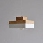 Lustre Scandinave Blanc & Bois Carré - 18X11 Cm