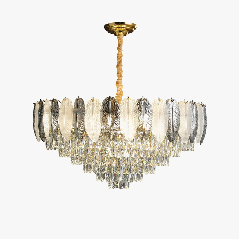lámpara de araña colgante LED art déco de cristal y plumas blancas y grises