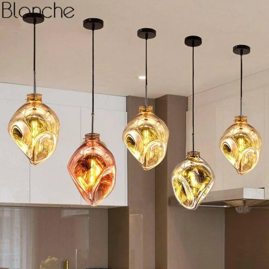 Suspension Led Verre Coloré Déformé Luminaire Doré
