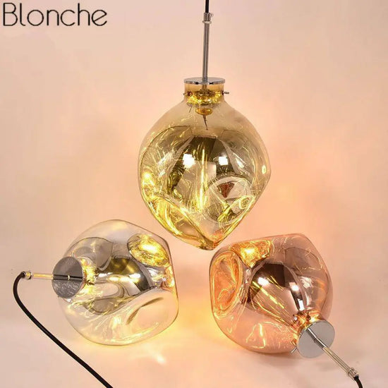 Suspension Led Verre Coloré Déformé Luminaire Doré